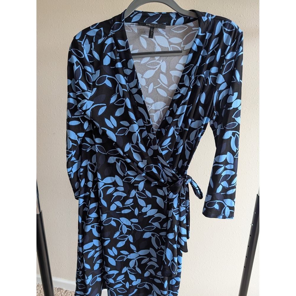 BCBGMAXAZRIA Womens Blue Black Leaf Print V-Neck 3/4 Sleeve Wrap Dress Large